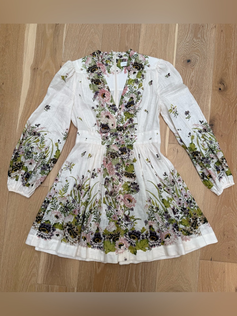 White Floral V-Neck Long Sleeve Women's Dress